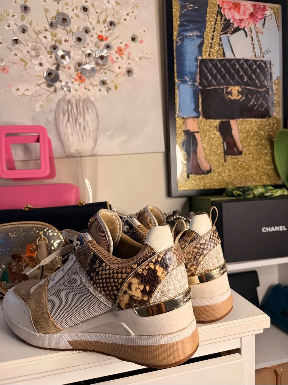 Michael Kors Beige and Snake-Print Platform Sneakers
